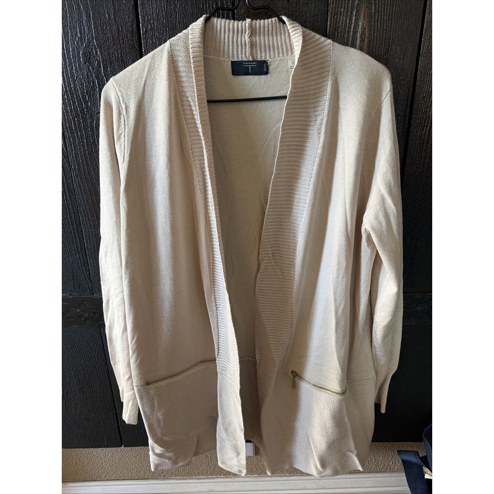 Tahari Open Front Long Cardigan Beige Size Petite Small Over Sized Pockets P